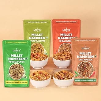 Eat Better Co – Millet Namkeen Combo – Four Flavours – Desi Masala, Mango Achari, Pudina Punch and Chilli Garlic – 4 * 100 grams - Healthy Snacks for Adults Combo