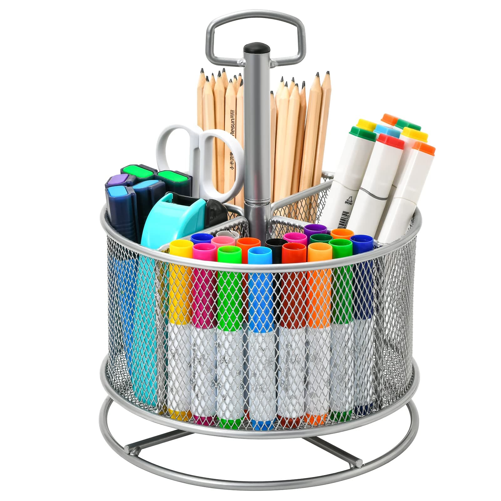 Marbrasse Mesh Desk Organizer, 360-Degree Rotating Multi-Functional Pen Holder, 4 Compartments Desktop Stationary Organizer, Home Office Art Supply Storage Box Caddy (silver)