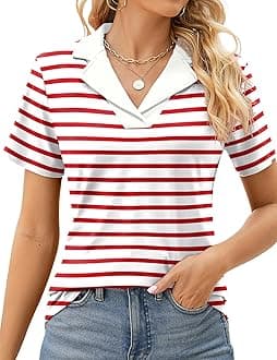 Women's Polo Shirts Lapel Collar V Neck Short Sleeve Blouse Dressy Casual Tunic Tops