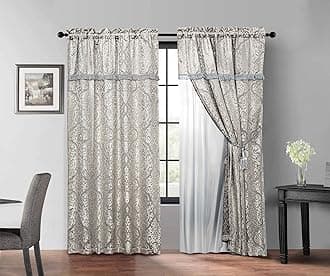Chezmoi Collection Noelle 4-Piece Silver Gray Brown Floral Medallion Jacquard Window Curtain/Drape Set - Attached Sheer Backing and Valance
