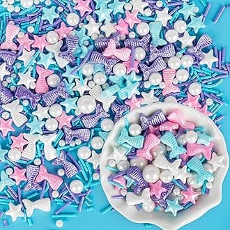 Mermaid Sprinkles,Edible Sugar Pearl Stars Jimmies Mix,130g/4.58oz,Pearl Candy Ocean Sprinkle for Cake Decorating,Summer Baking Fun Decorations,Perfect for Ice Cream,Cookies,Dessert,Donuts,Cupcake Topper,Birthday Children Party Supplies