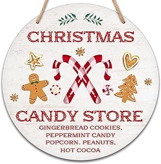 Christmas Wooden Sign Wall Decor, Christmas Candy Store Sign For Front Door, Round Hanging Sign With Rope, Christmas Gifts For Family Friend, Gingerbread Decor For Farmhouse Home Outdoor Porch, D04