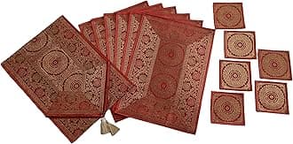 Colovila Dining Table Placemats Set of 13 Pieces, Ethnic Brocade Silk with Golden Woven Work- (1 Table Runner, 6 Mats, 6 Coasters) (Rust Brown)