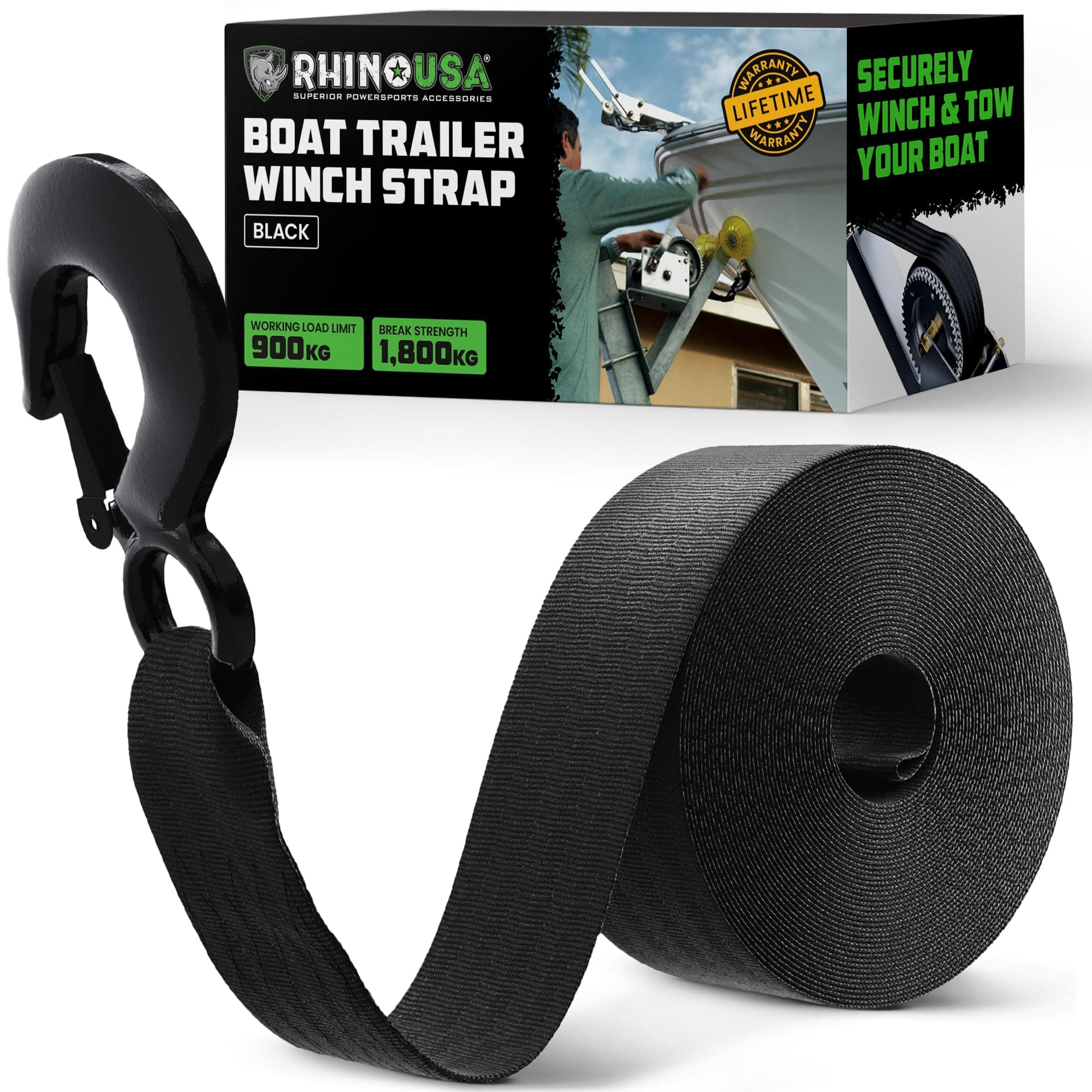 Rhino USA Boat Winch Strap with Hook (5cm x 6.1m) - 1800 kg Break Strength - Ultimate Replacement Boat Trailer Winch Straps with Safety Hook - Compatible With Pontoon, Jet Ski, Fishing Boat & More!