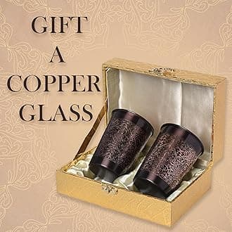 Decorative India Copper Carving Royal Design Black Antique Finish Set Of Two Glass With Gold Gift Box, 250 ML