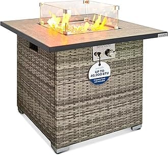 SereneLife Outdoor Propane Fire Pit Table - CSA/ETL Certified Safe 50,000 BTU Pulse Ignition Weatherproof Square Wicker Propane Gas Fire Table w/Tile Tabletop Adjustable Flame - Glass Rocks