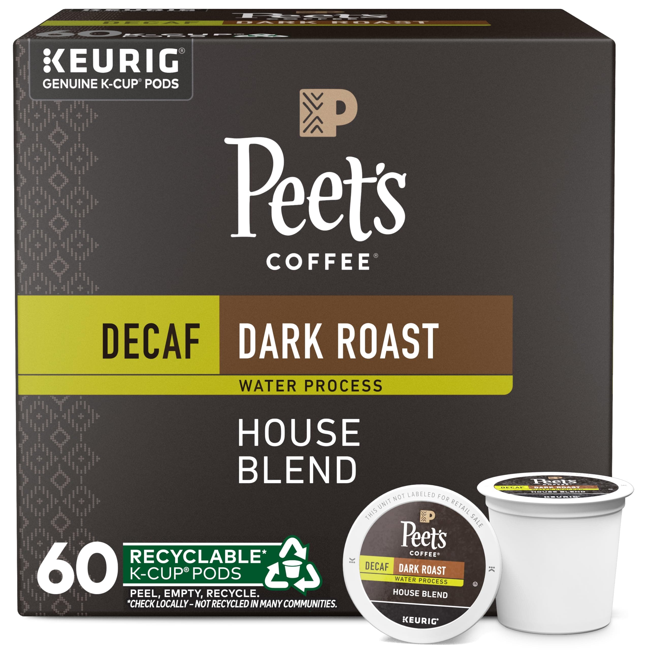 Peet's Coffee, Dark Roast Decaf Keurig K-Cup Pods, Decaffeinated Arabica Coffee - Decaf House Blend 60 Count (6 Boxes of 10 K-Cup Pods)