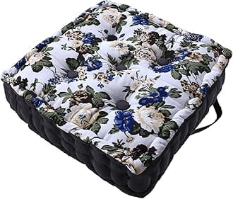 Kuber Industries Chair Pad | Seat Cushion with Button & Handle | Comfortable Seating Pad | Relax Back Chair Pad | Cotton Chair Pad for Car, Office | Square Flower Printed | White