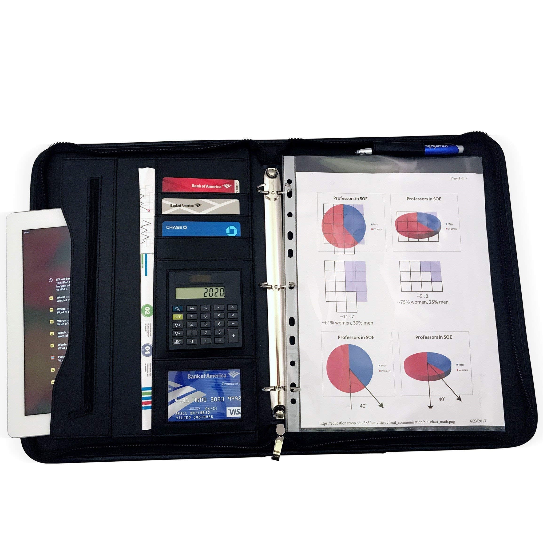 (Upgraded Fall 2018) Zippered Executive 3 Ring Leather Portfolio Binder Organizer Padfolio with Writing Notepad Planner, Solar Calculator, LED Pen and Carrying Handle for Business Professional (Black)