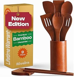 Riveira Premium Brown Bamboo Wooden Spoons for Cooking Set of 9 – Premium Brown Bamboo Wooden Cooking Utensils, Wooden Spatula, Wooden Spoon - Premium Quality Wooden Utensil Set for Non-Toxic Cooking