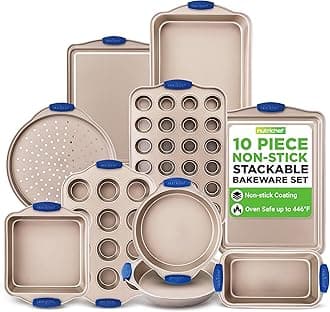 NutriChef 10-Piece Nonstick Bakeware Set - Premium Carbon Steel Baking Trays w/Heatsafe Silicone Handles, Includes Pizza Crisper, Loaf Pan, 12 & 24 Cup Muffin Pans, Round/Square Pans, Cookie Sheets