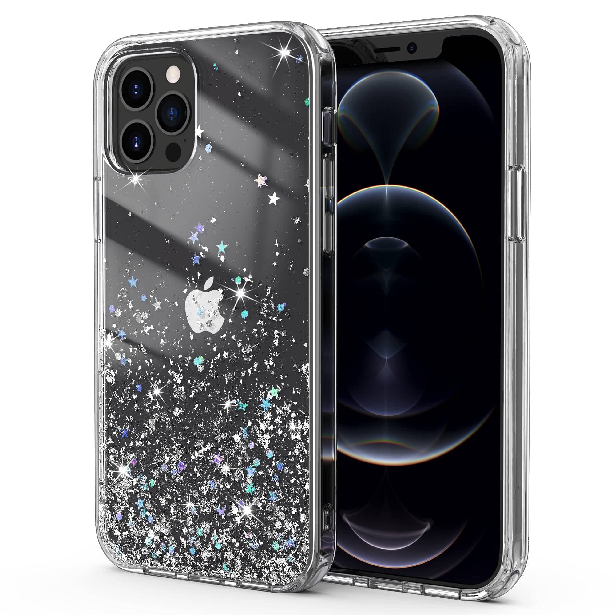 ULAK for iPhone 12 Pro Max Case Clear Sparkly Stars Soft TPU Bumper + Hard PC Back Cover for Women Girls Protective Phone Case Compatible with iPhone 12 Pro Max 6.7'', Glitter