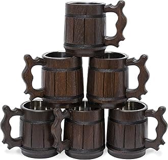Handmade Beer Mug Set of 6 Oak Wood Stainless Steel Cup Wooden Tankards Retro Brown 16oz