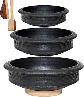 Unglazed Clay Pot for Cooking Combo 1, 2 & 3 Liter | Earthen Handi | Mud Kadai | Mittti Ke Barthan | Balck Pottery | Pre-Seasoned | Gas Stove Friendly