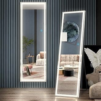 Vlsrka Full Length Mirror with Lights LED Mirror 63 x 20 Full Body Mirror Floor Standing Mirror Stand Up Mirror Wall Mirror Lighted Mirror Bedroom (White)