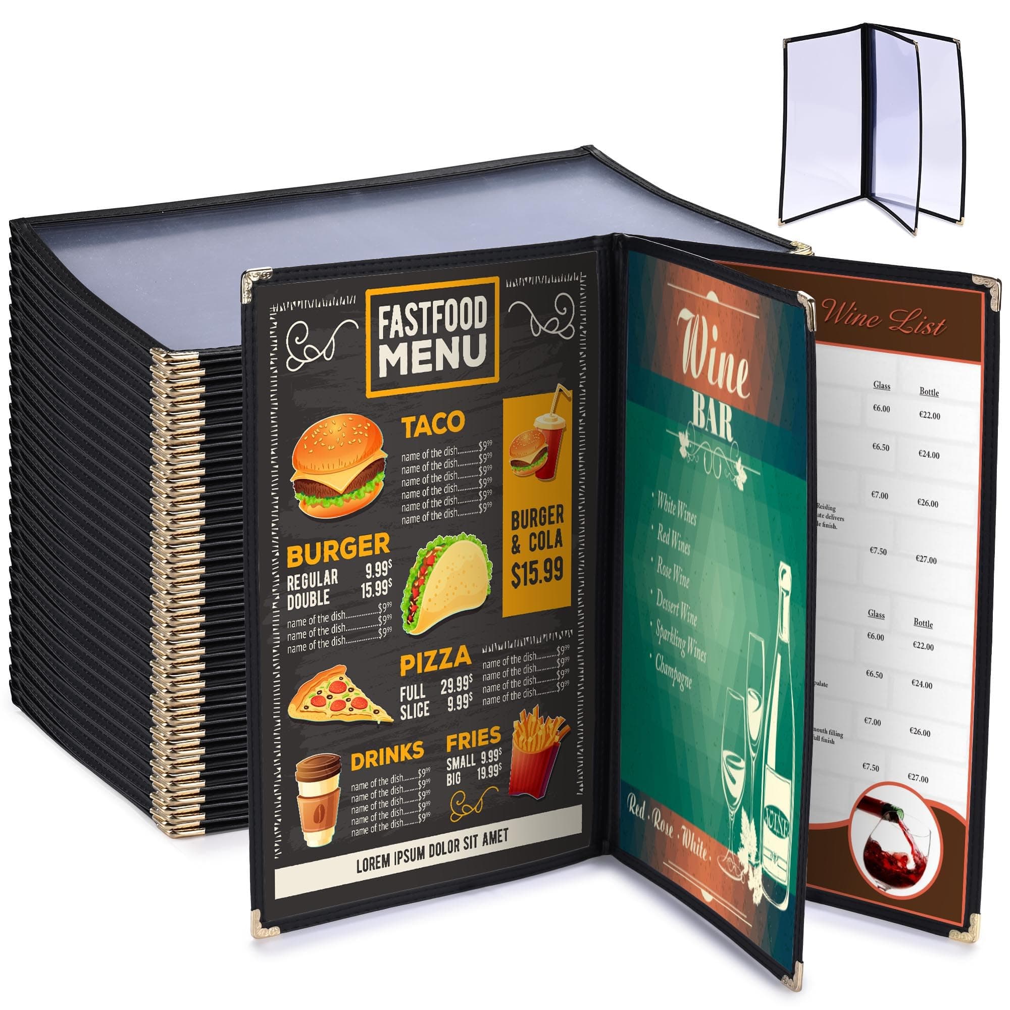 Yescom 30 Pack 8.5"X14" Menu Covers 3 Pages 6 Views Black Triple Book Style Cafe Restaurant Folder