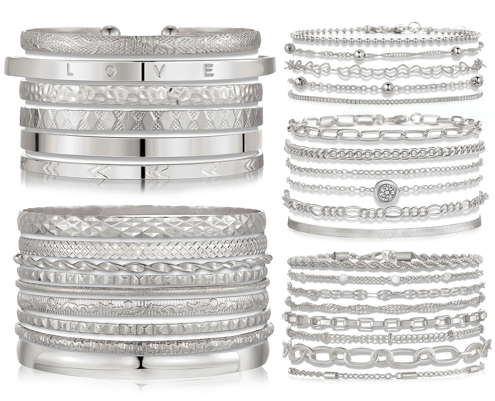 5 PACK (35 PCS) Silver Chain Bangles Bracelets Set for Women, Silver Multiple Layered Stackable Open Cuff Bangle Anklet Bracelet Trendy Elegance Link Beads Italian Boho Cuban Jewelry for Women Gift