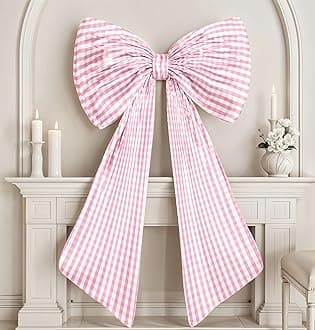 Big Pink Bow Decor Giant Pink White Checkered Coquette Bow for Birthday Party Decorations for Girls, Large Ribbon Tie Hanging Gift Coquette Wall Decor (Textured Cotton, Internal Stability Layer)