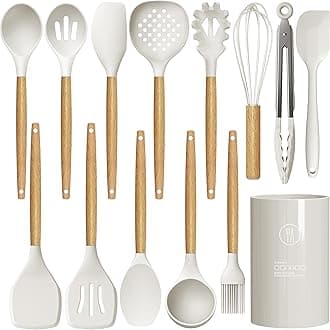 oannao Silicone Cooking Utensils Set - 446°F Heat Resistant Silicone Kitchen Utensils for Cooking,Kitchen Utensil Spatula Set w Wooden Handles for Non-Stick Cookware, BPA FREE (Cream White)