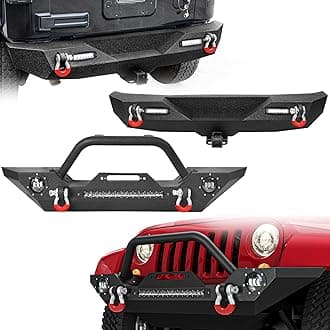 LEDKINGDOMUS Front& Rear Bumper Compatible with 07-18 Jeep Wrangler JK& Unlimited, Built-in 90W LED Light Bar w/ 2 60W Fog Light, Winch Plate and D-rings Rear Bumper w/ 2 LED & Hitch Receiver