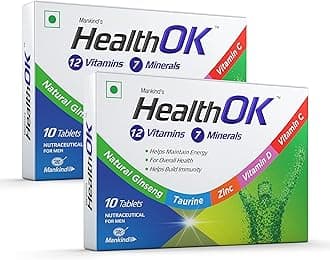 Health Ok Mankind's Multivitamin with Natural Ginseng & Taurine Power; Lemon Flavour, 100% Vegetarian (2 x 10 tablets)