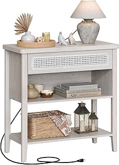VASAGLE Console Table with Power Outlets, Entryway Table with Storage Shelf, Sofa Table with Drawer, Open Compartment, Rounded Corners, for Living Room, Boho Style, Oatmeal Beige ULNT140K66
