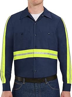 Red KapRed Kap Men's Enhanced Visibility Industrial Work Shirt, Navy with Yellow/Green Visibility Trim, 2X-Large