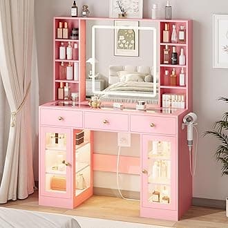 Pink Vanity Desk with Mirror and Lights, Glass Top Vanity with Lighted Mirror & RGB Cabinet and 3 Drawers, Dressing Table with 8 Shelves, Makeup Desk with Lights for Girls Bedroom, 3 Color Modes