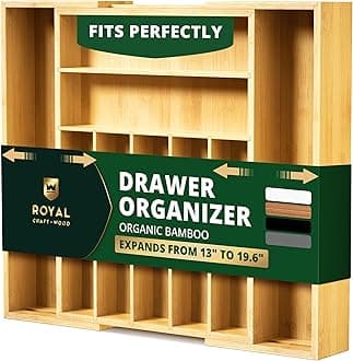 - ROYAL CRAFT WOOD Luxury Bamboo Kitchen Drawer Organizer - Silverware Organizer, Utensil Holder & Cutlery Tray Drawer Dividers for Flatware (9 Slot, Natural)