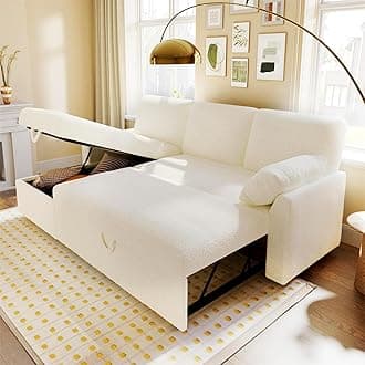 Sofa Bed, Sleeper Sofa with Storage Chaise, L Shaped Sofa with Pull Out Bed, Oversized Sofas for Living Room-White Boucle