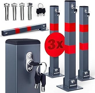 DEUBA® 3X Car Security Barrier for Driveways | Telescopic Retractable Parking Space Bollard | 3 Keys | Pre-Drilled Base Plate, Reflective Strips