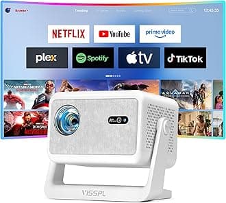 【Compatible with Netflix & Auto focus 】VISSPL Smart Projector with WiFi and Bluetooth, Auto Focus & Keystone Protable Mini Projector with Stand, 4K Home Theater Projector
