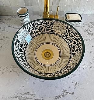 Handmade Ceramic Moroccan Vanity Vessel Sink, Handwash Countertop Vanity Basin Sink, Farmhouse Bathroom Basin, Hand Painted Wash Basin Sink for Bathroom with a Gift Included (10"= 25cm)