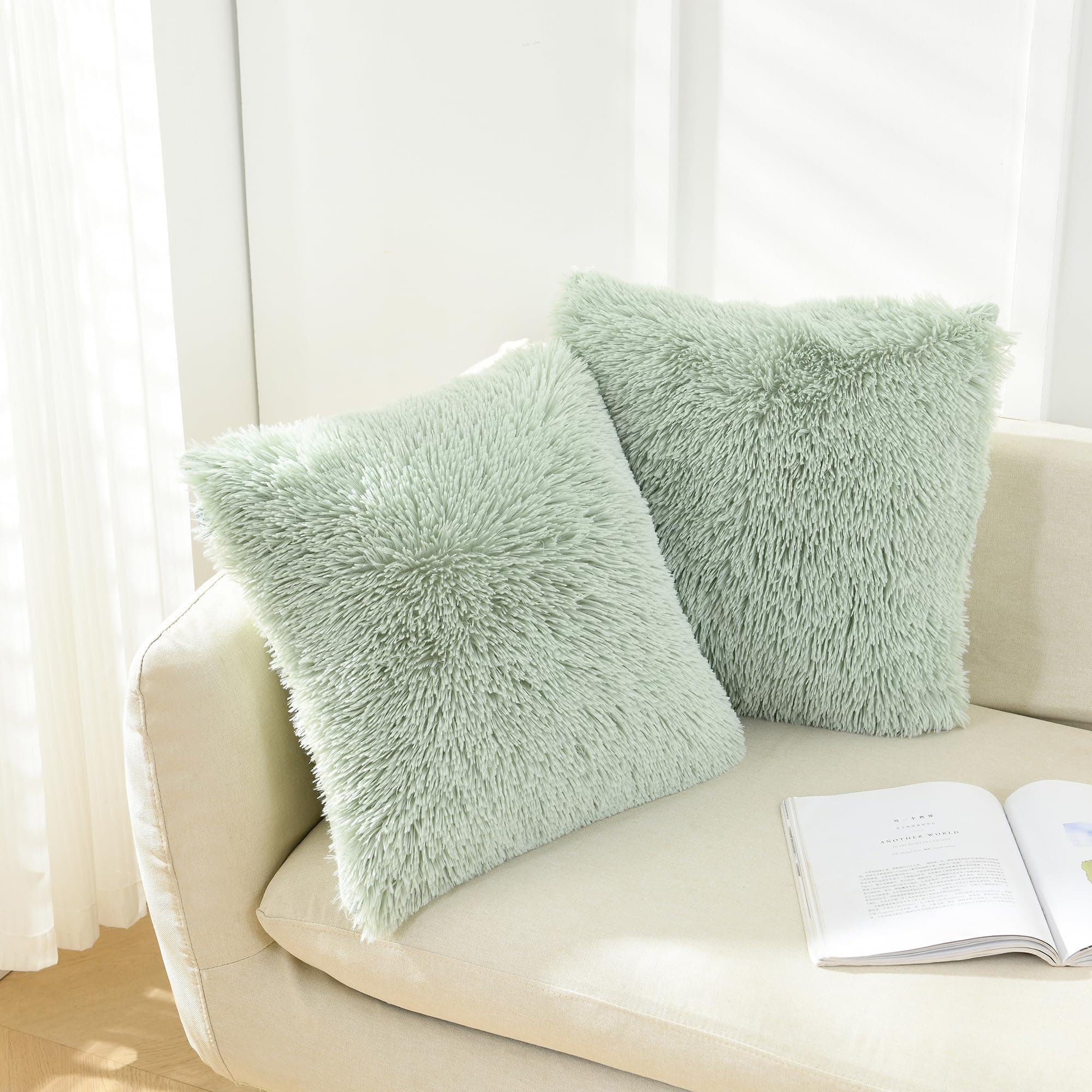 NordECO HOME Luxury Soft Faux Fur Fleece Cushion Cover Pillowcase Decorative Throw Pillows Covers,No Pillow Insert,Sage Green,2 Pack (20" x 20", S-sage Green)