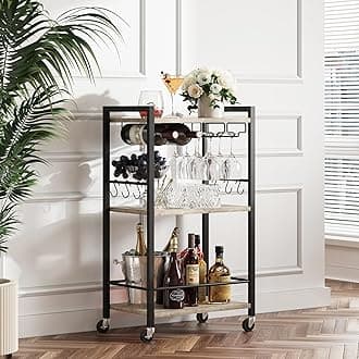 TUTOTAK Bar Cart, Home Bar Serving Cart, Small Wine Cart with 3-Tier Shelf, Beverage cart, Drink Cart with Wine Rack and Glass Holder, Rolling bar carts for The Home, Living Room, Greige BC01BG035