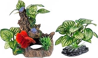 Ameliade Aquarium Cave Decorations Fish Tank Artificial Silk Plants Ornaments Leaf Pad Hammock Hides Decor Small Fish Bowl Accessories Beta Toys (2PCS)