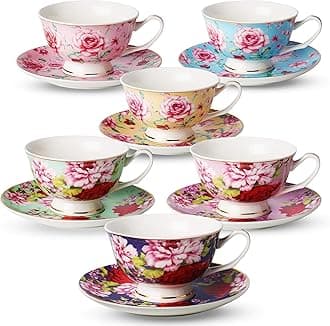 BTaT- Tea Cups and Saucers, Floral Design, Porcelain Tea Cup Sets, Dishwasher Safe, Set of 6, 8 oz, Mothers Day Gift