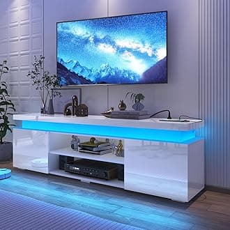 LED TV Stand for 75 Inch TV, Modern TV Stand with Power Outlet, High Gloss TV Console Entertainment Center with Storage and LED Lights for Living Room, Bedroom (66 Inch, White)