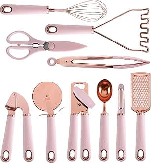 COOK WITH COLOR Kitchen Gadget Set Copper Plated Stainless Steel Utensils with Soft Touch Handles, Copper Pink, 10 Pieces