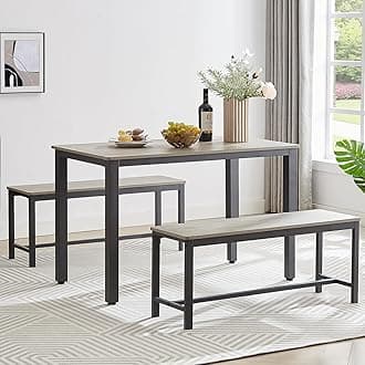 Dining Room Table Set with 2 Benches, Farmhouse Dining Table Set for 4-6, Wood Breakfast Table Set Dinner Table Set Kitchen Table and Chairs for Breakfast Nook Small Spaces, Grey