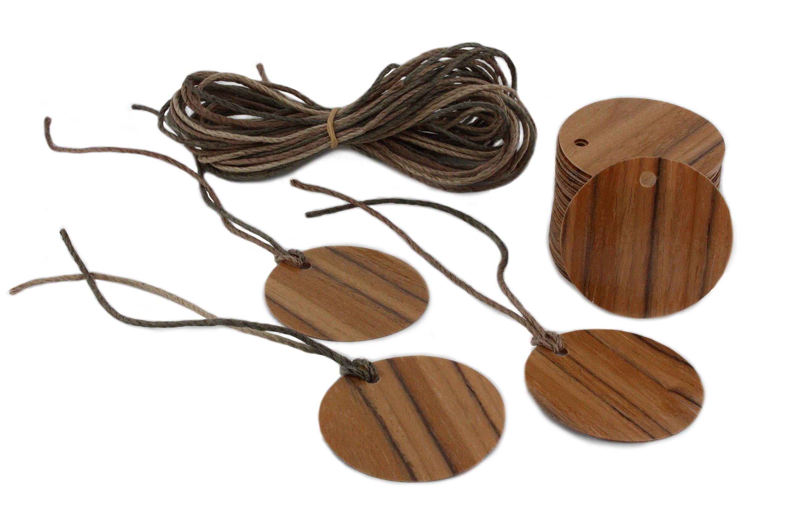 Olive Wood Gift Tags Round Shape 50 Count with 30 Feet of Free Cut Multi-Color Cord, Blank Hang Tags for Craft Projects, Xmas Gifts. Dry Erase & Permanent Marker Erasable