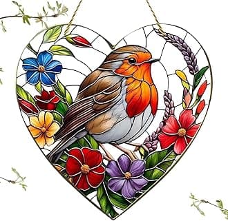 Window Sun Catcher – Large Heart-Shaped Robin Bird – Stained Glass Effect Acrylic Window Hanging – Colorful Bird Ornament for Home Garden Gift Decor (7.8" x 7.8")