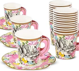 Talking Tables 12 x Alice in Wonderland Disposable Paper Teacup Set with Handle & Saucers Mad Hatter Afternoon Tea Party Table Decorations for Mother's Day, Onederland Birthday, Baby Shower, Wedding