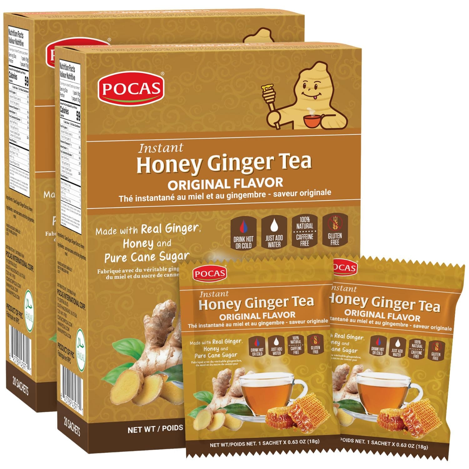 Honey Ginger Instant Tea Powder 2-Pack with Ginger Extract & Real Honey, Caffeine-Free Tea, 20 Packets per Box