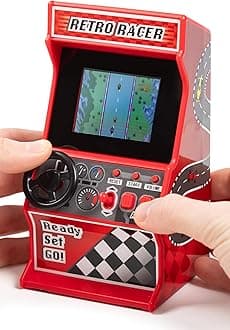 Mini Arcade Racing Machine, 30 In-Built 8-Bit Racing Games, Play Car, Bike, Boat & Skiing Games, 2.4â€ Full Colour Screen, Steering Wheel, Gear Stick, 2 Buttons, Volume Control - ThumbsUp!