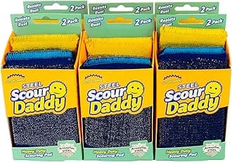 Scrub DaddySteel Scour Pads - Scour Daddy - Stainless Steel Scouring Pad - Stainless Steel Fibers Do What Scrubbing Sponges Can't - Durable, Shred-Resistant Scrubbing Pads - 2 Count (6 Pack)