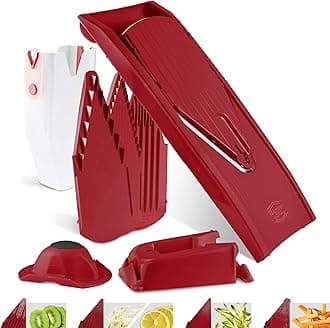 Mandoline Slicer V1 (Professional Set) • V-Slicer with 4 Inserts, Fruit Holder, Docking Station, Box • Adjustable Vegetable Slicer • Cuts into Slices, Strips & Dices • Color: Red