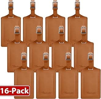 Travelambo 16 Pack Luggage Tags for Suitcases Privacy Protection Bag Tags Faux Leather Travel Accessories Essential, Yellowish Brown