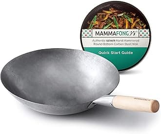 Mammafong Round Bottom Carbon Steel Wok Pan - Authentic Hand Hammered Woks and Stir Fry Pans - 12-inch Pow Wok for gas stoves