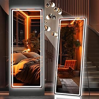 HasipuFull Length Mirror with Lights, 56" x 20" LED Floor Mirror, Full Body Dressing Standing Mirror, Hanging Mounted Mirror for Living Room Bedroom Cloakroom, Round White